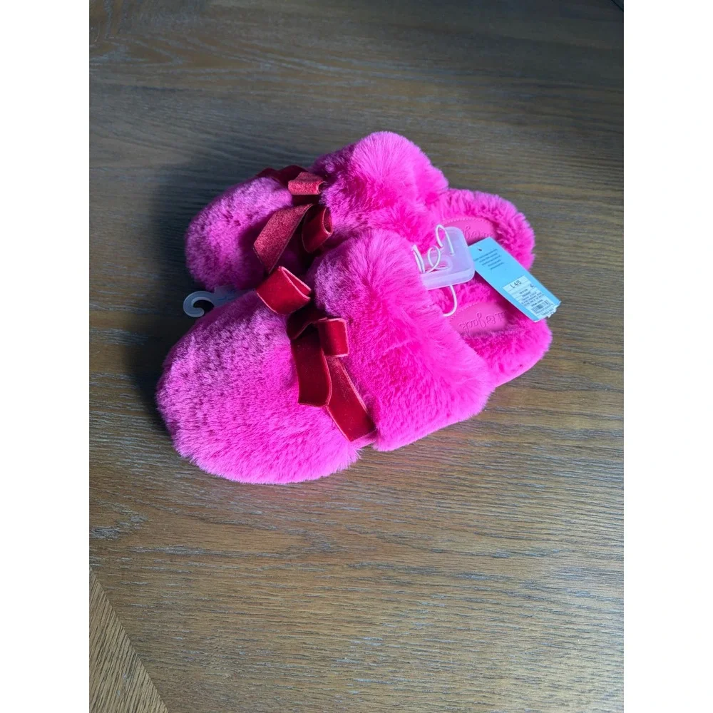 Cat & Jack Girls Pink Faux Fur Slippers Red Velvet Bow Size L 4/5 New